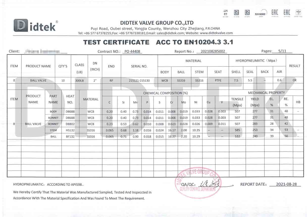 Didtek Ball Valve Test Certificate According To EN10204.3 3.1