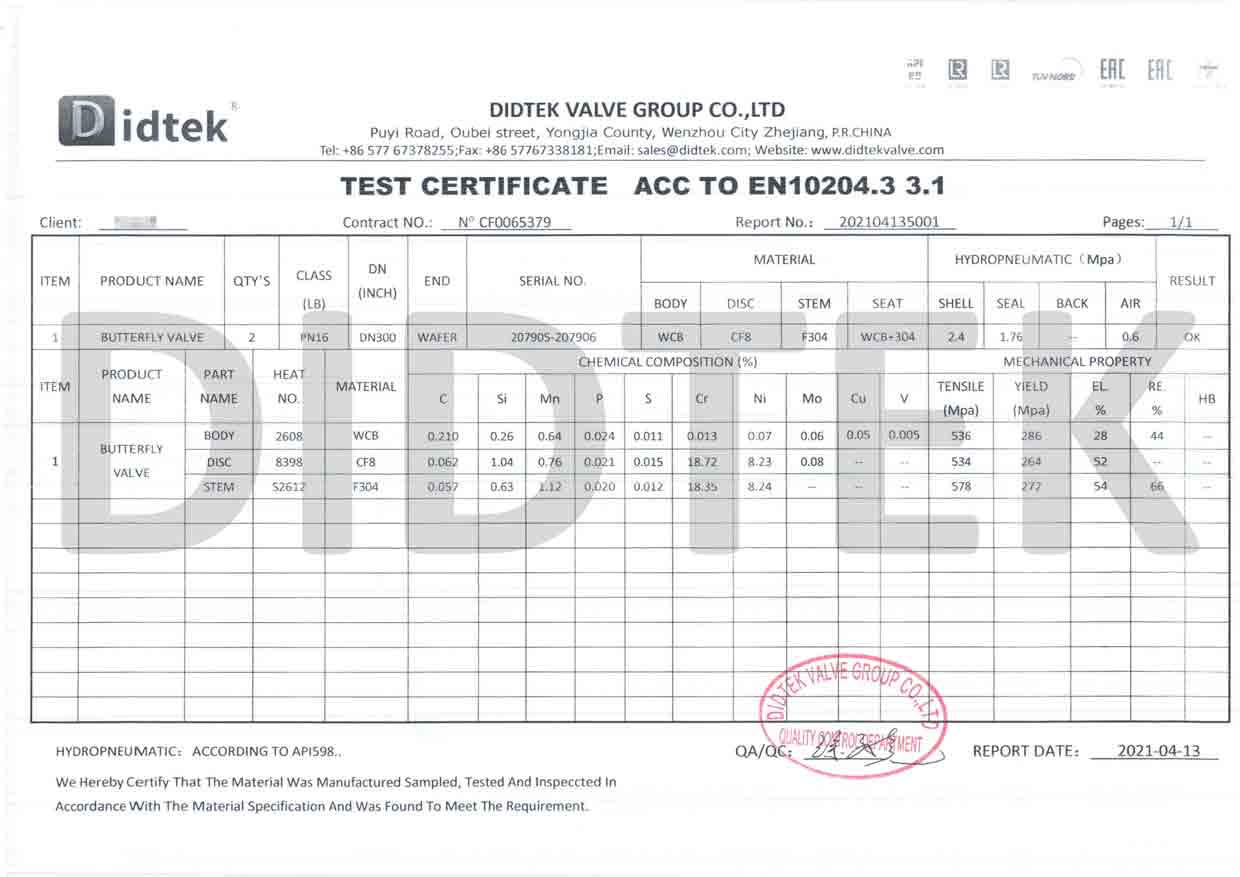 Didtek Butterfly Valve Test Certificate According To EN10204.3 3.1