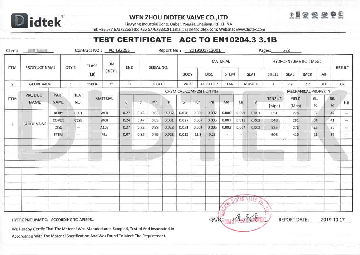 Didtek Globe Valve Test Certificate According To EN10204.3 3.1B