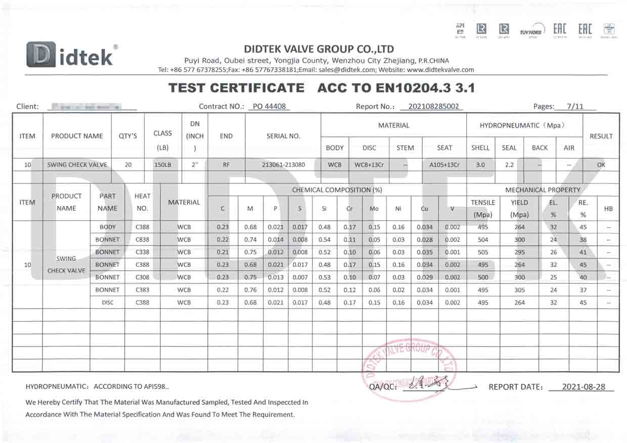 Didtek Swing Check Valve Test Certificate According To EN10204.3 3.1